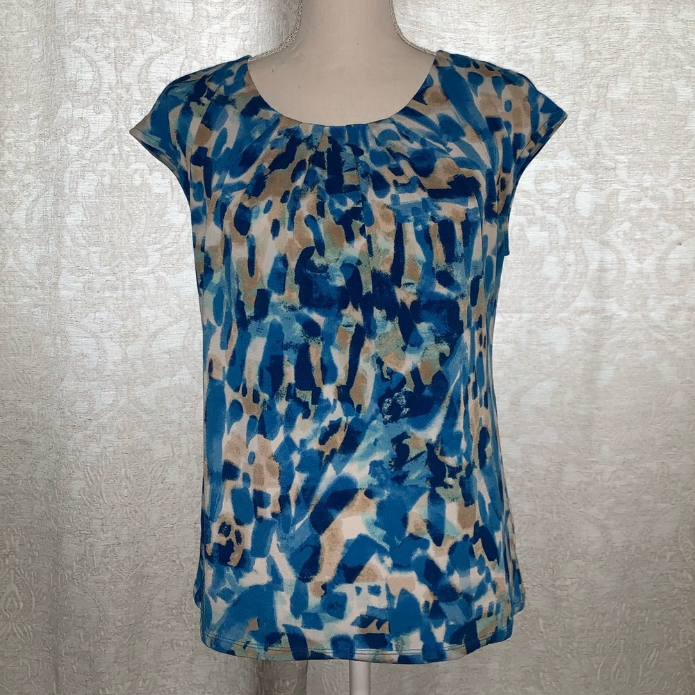 Blue & Tan Abstract Print Women's Cap Sleeve Top